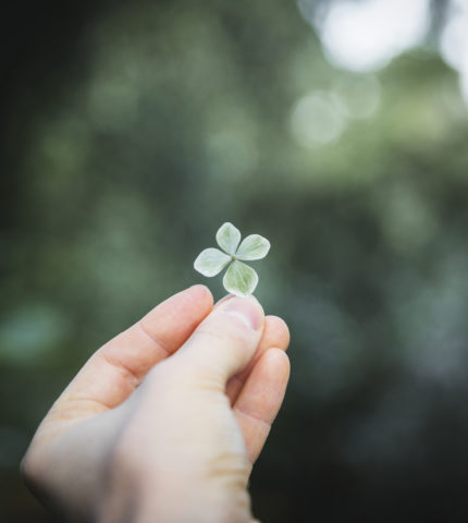 Woman holding a four-leaf clover
